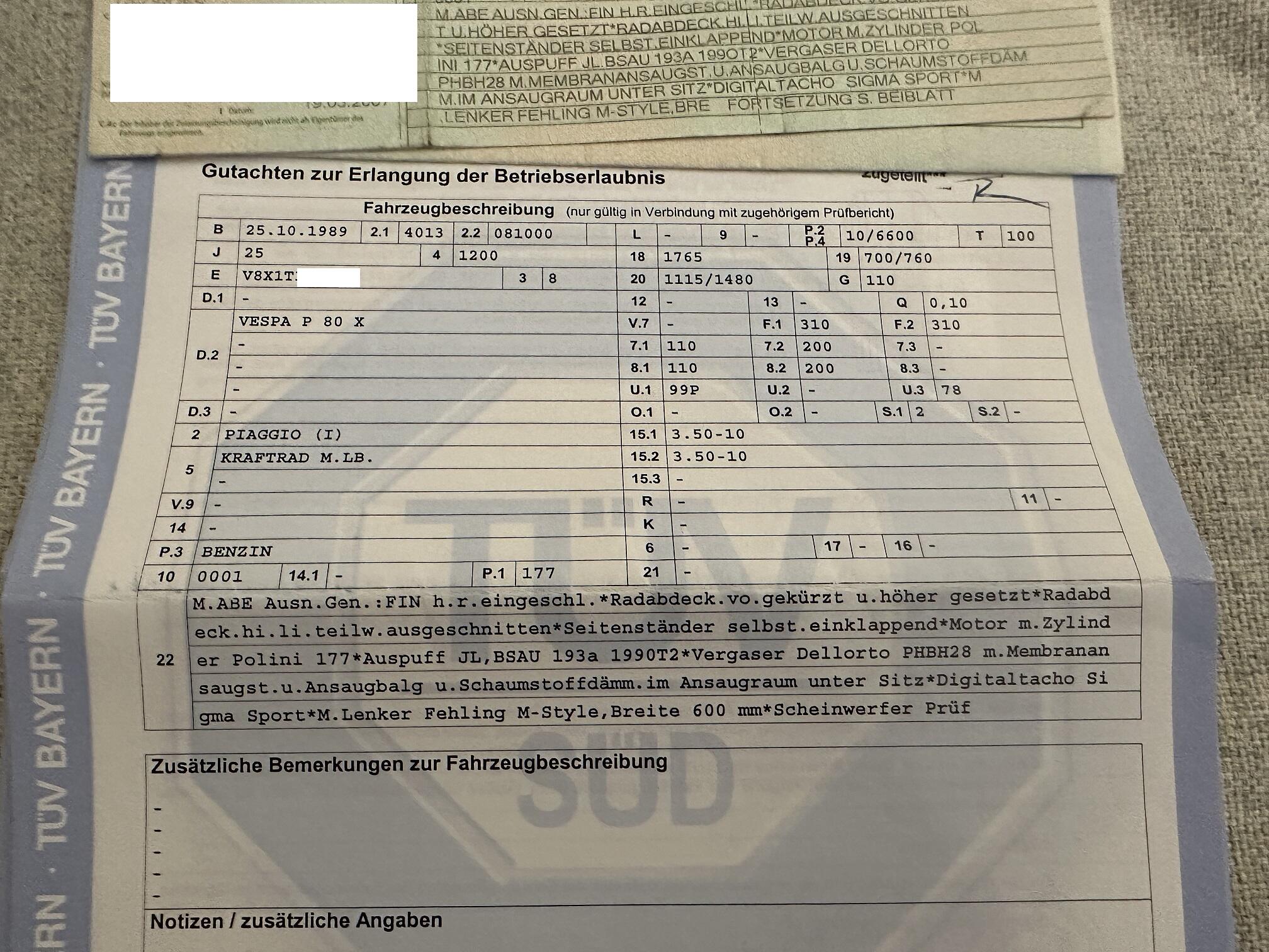 PX Papiere mit Eintragungen, Polini 177, Auspuff, Vergaser, Cut, Fgst Nr neu eingeschlagen usw.