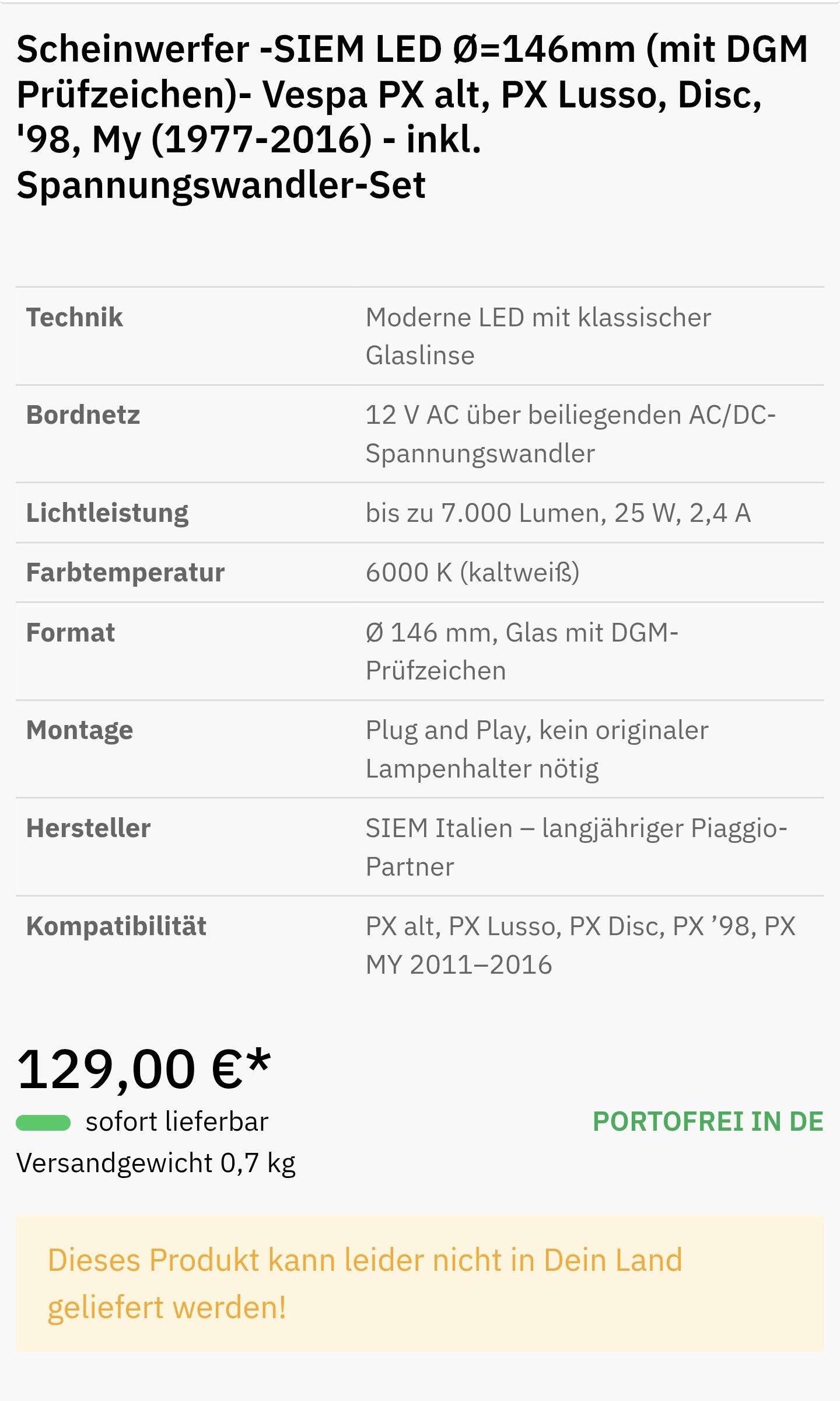 Siem Scheinwerfer LED für PX Lusso mit Spannungswandler